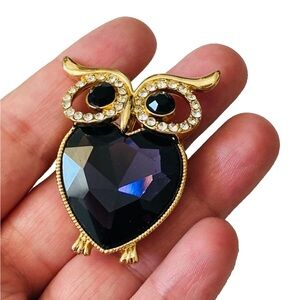 Vintage MONET Owl Brooch Pin w/ Purple Cabochon Black Clear/White Rhinestones